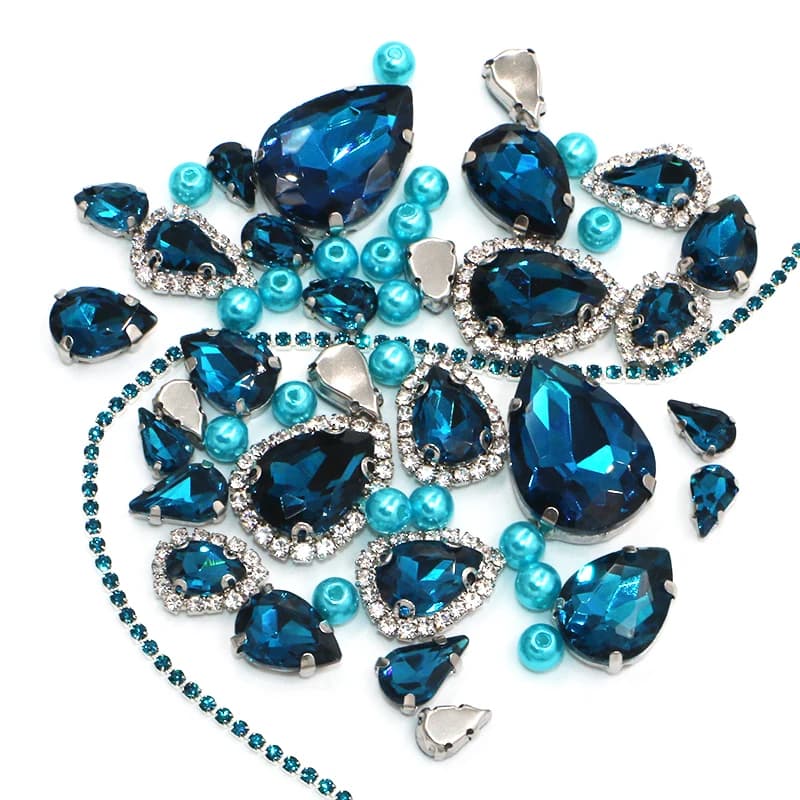 Decorazione di nozze Lacrima Pavone blu Mix Dimensioni Pietre di cristallo di vetro Perle Perline Tazza Cerchio a catena Strass Cucire sui vestiti