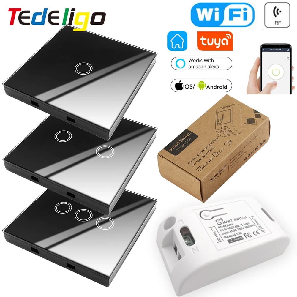 WiFi Tuya Smart APP Wall Switch, Wireless RF 433Mhz DIY Relay Module with Timer, Compatible with Google Home and Alexa, AC 110V 220V 10A On/Off