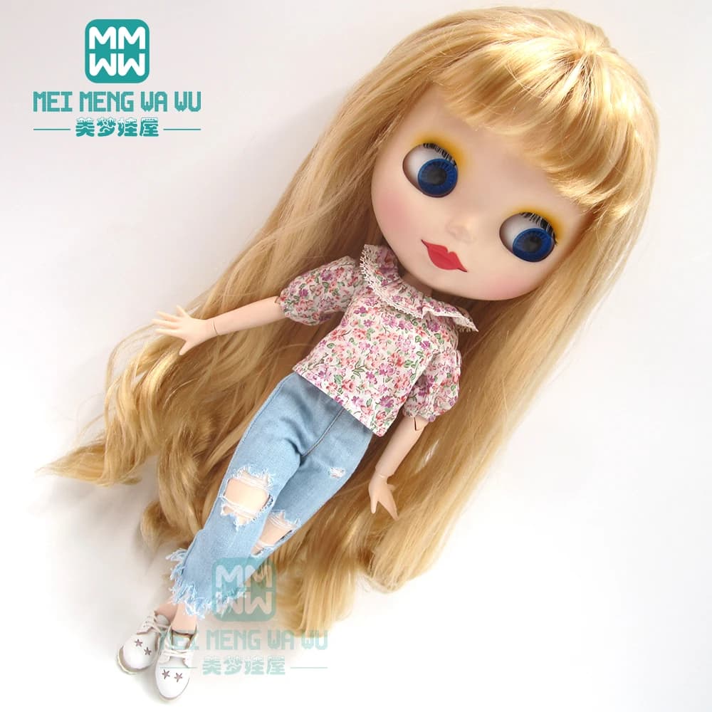 Blyth clothes fashion doll collar shirt, ripped jeans, leather shoes for Blyth Azone 1/6 doll accessories