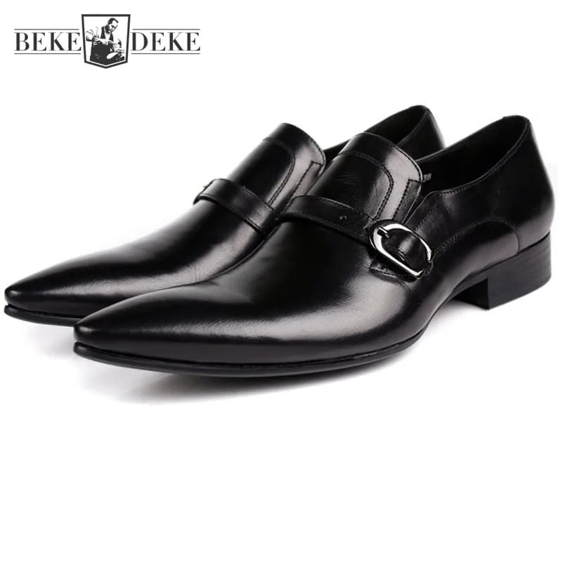 Scarpe Formali da Uomo in Vera Pelle, Mocassini Classici Slip-On con Punta Affusolata e Tacco Basso per Matrimoni e Feste