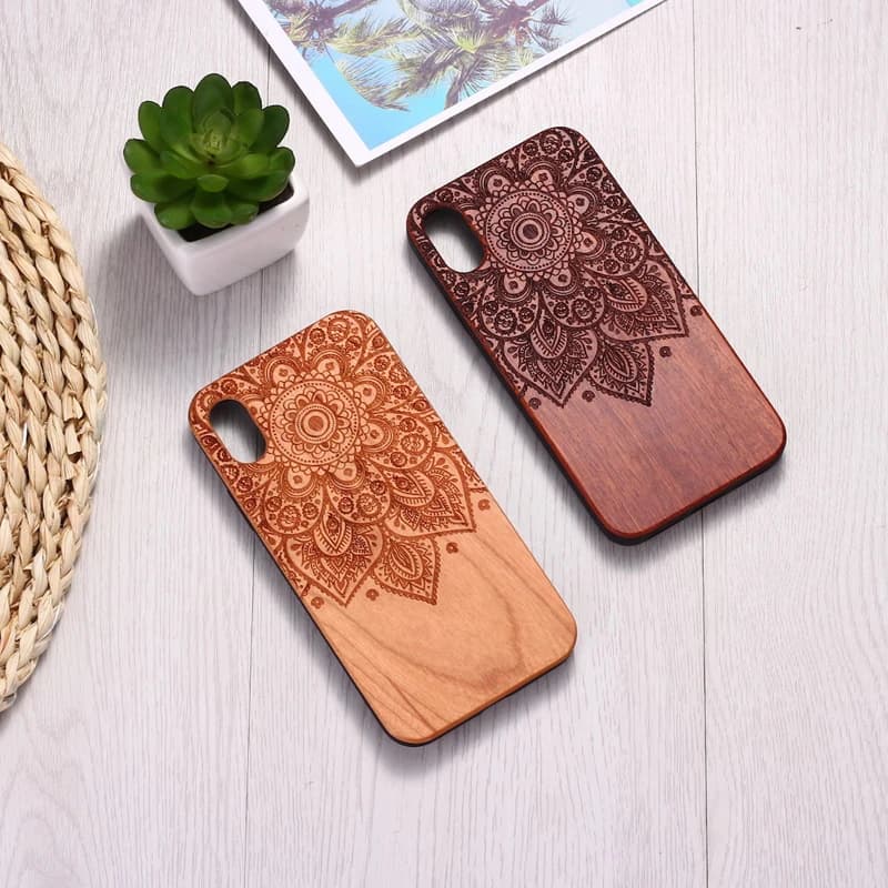 for iPhone 12 11 Pro Max XS X XR SE2 8 7 6S Plus Solid Wood Cherrywood Vintage Floral Engraved Back Cover Phone Case Shell Capa