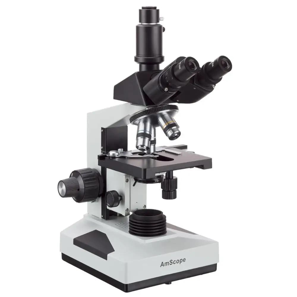 Microscopio Composto Trinoculare AmScope Simul-Focal a Campo Oscuro 40X-2000X+ con Lampada Alogena da 20W e Tavolino Meccanico 3D