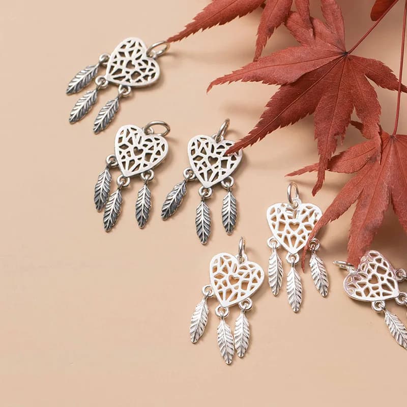 925 Sterling Silver Hollow Out Heart Dream Catcher Charms Craftwork S925 Silver Circle Necklace Pendants DIY Women Jewelry Make