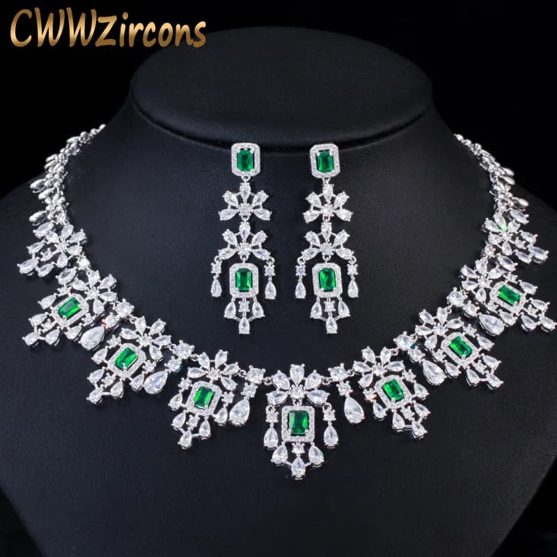 CWWZircons Luxury Green Cubic Zirconia Women Wedding Party Bride Necklace Earrings Jewelry Sets Bridal Dress Accessories T0611