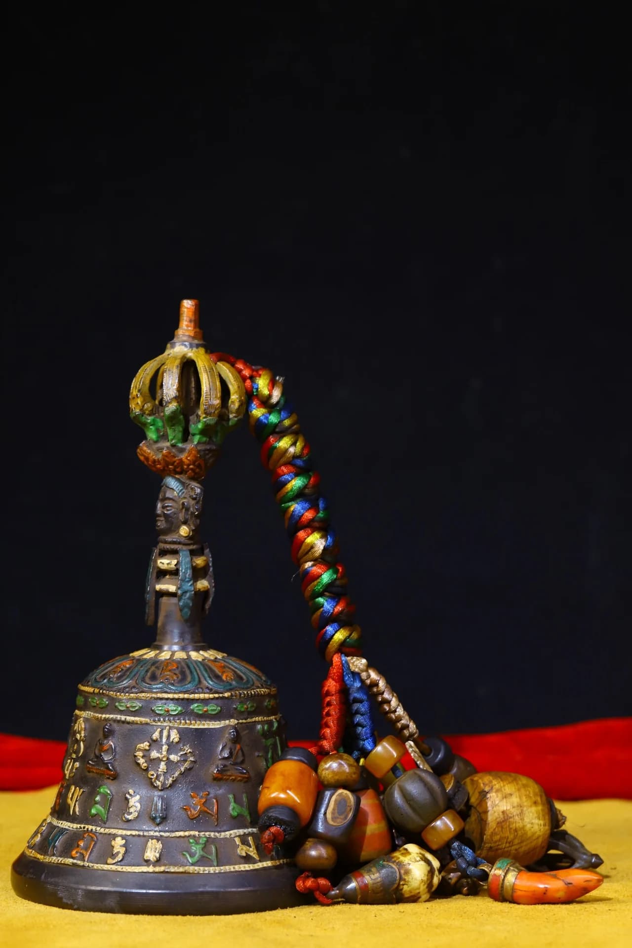 7"Tibetan Temple Collection Old Bronze Painted Old Bell Ringing Shakyamuni pattern Buddha Bell Vajra Worship Hall Town house
