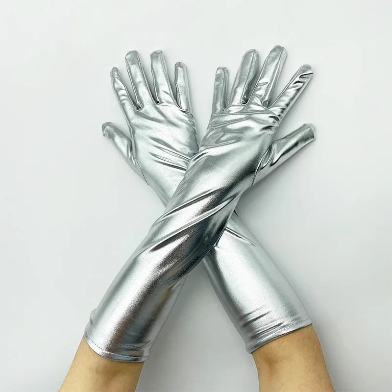 Guanti metallici da donna in pelle finta argento dorato guanti da sera per feste da sera guanti lunghi in lattice Sexy al gomito