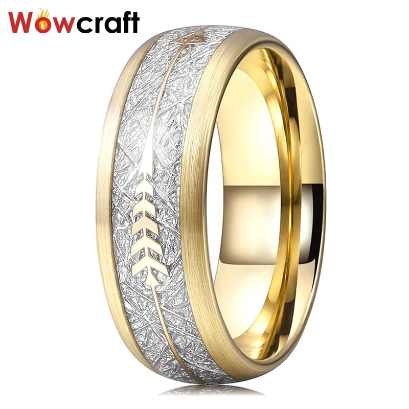 New Cool Gold Tungsten Carbide Ring Wedding Band Meteorite Gold Arrow Inlay Comfort Fit