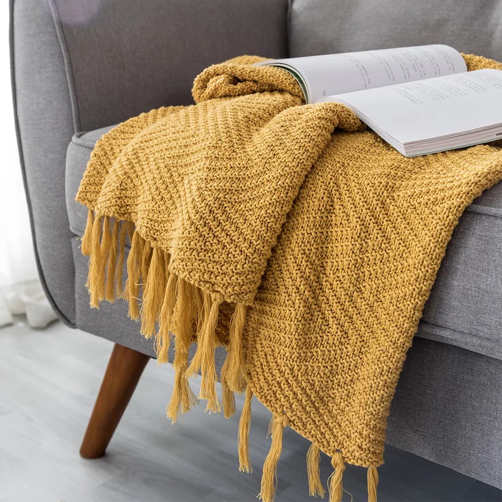 Coperta giallo senape Divano lavorato a maglia Coperta con nappe Coperta con frange Viaggio 130x160 cm Divano per la casa Sedia Divano letto 50 "x 62"