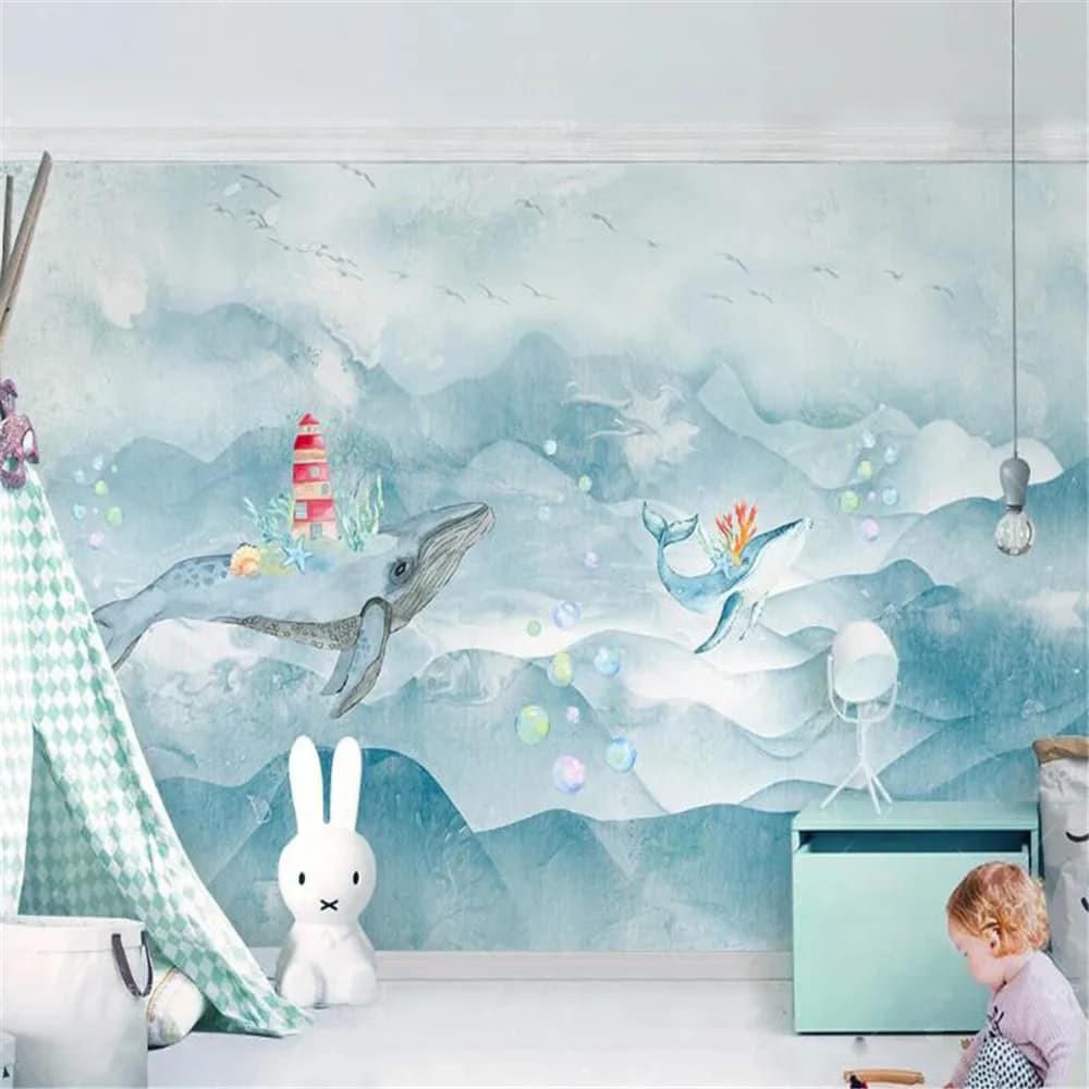 Milofi carta da parati personalizzata murale concezione artistica paesaggio acquerello balena bolla dei bambini animale sfondo muro di carta da parati