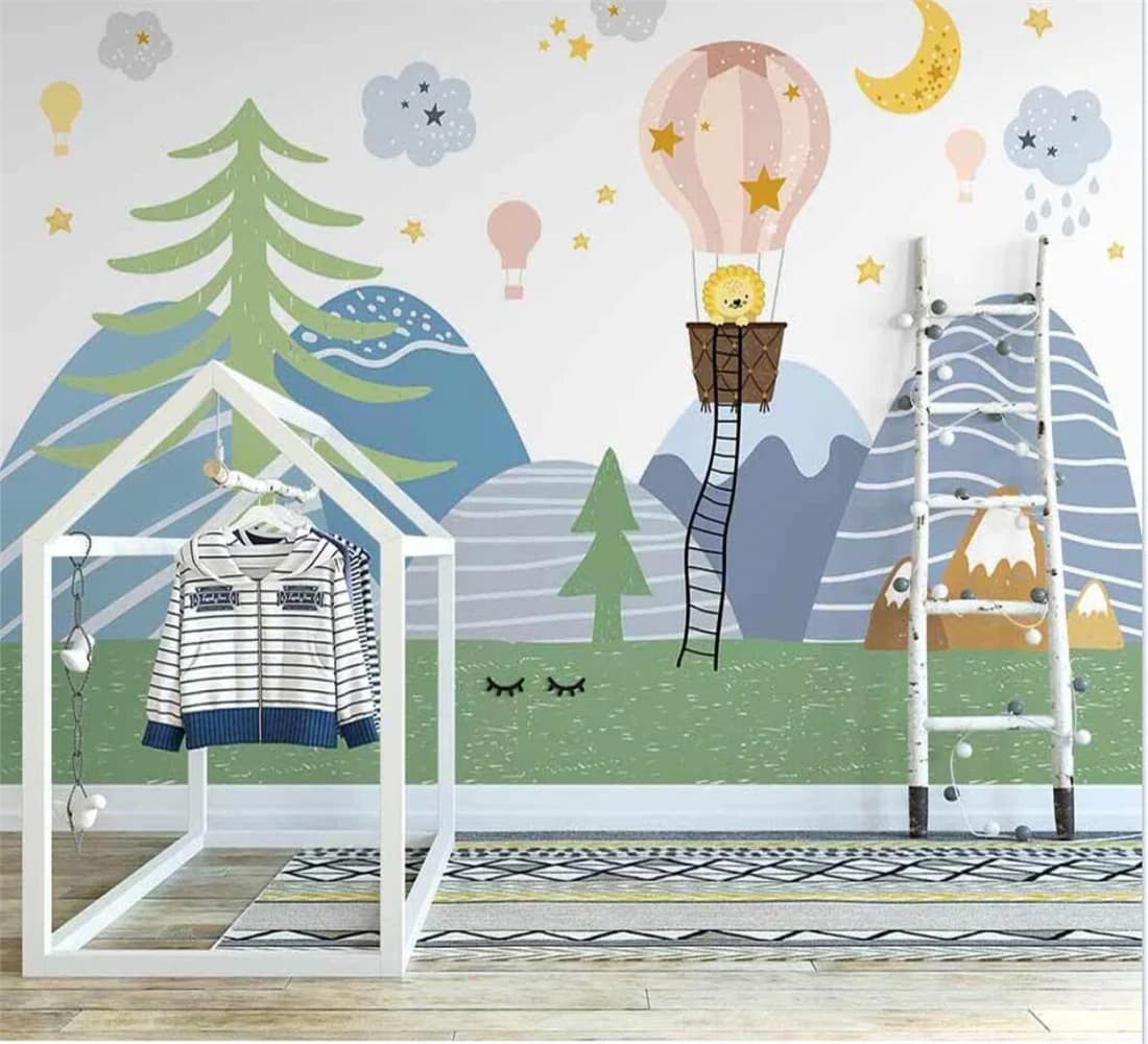 Carta da parati in tela autoadesiva personalizzata, stile nordico, con cartoni animati di foreste e mongolfiere, per la cameretta dei bambini.