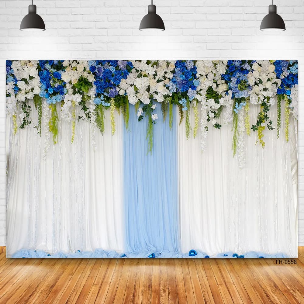Fotografia nuziale della doccia del fondo del Photocall della festa nuziale del contesto della decorazione del fiore della rosa della tenda blu bianca per lo Studio fotografico