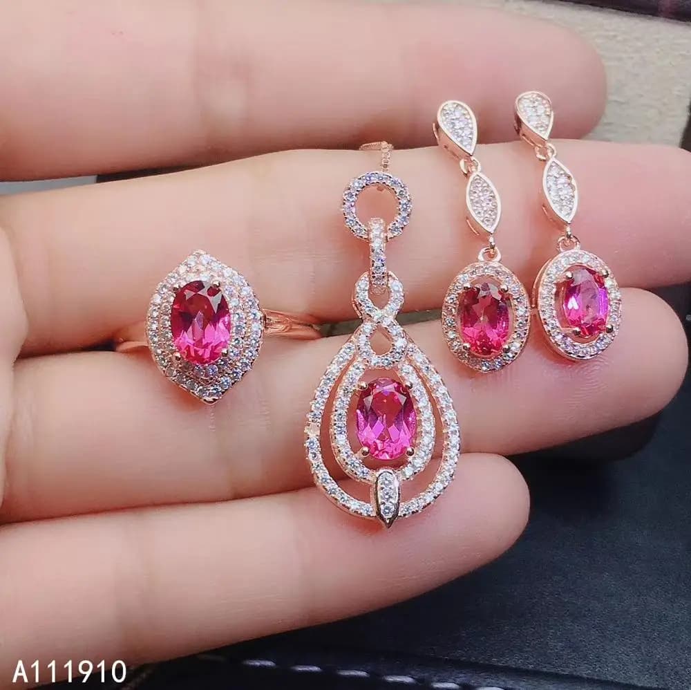 KJJEAXCMY Gioielleria Raffinata Argento Sterling 925 Intarsiato Topazio Rosa Naturale Ciondolo Anello Orecchino Vestito Supporto Rilevamento Regalo Squisito