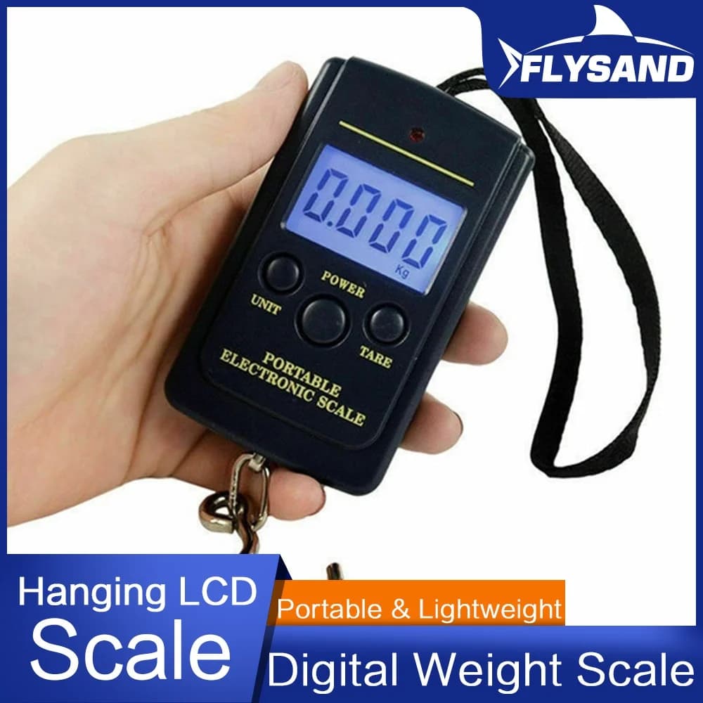 FLYSAND Mini bilancia digitale 40kg X 10g per bagagli da pesca pesatura da viaggio Steelyard Hanging Electronic Hook Scale strumento di pesca