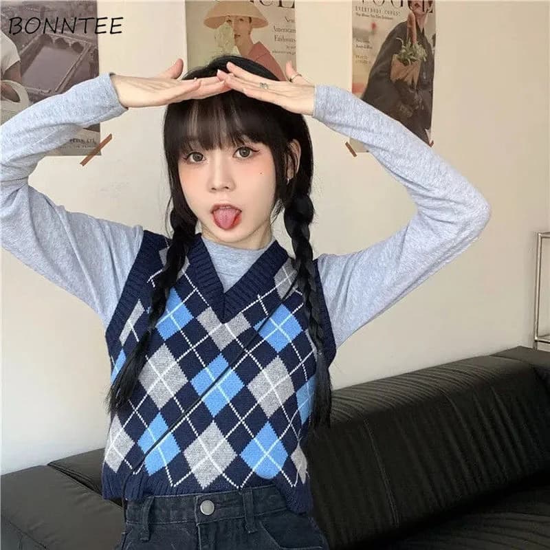 Maglioni gilet donna Retro Harajuku College Style studenti senza maniche scollo a v ragazza dolce elegante tempo libero quotidiano lavorato a maglia femminile Chic