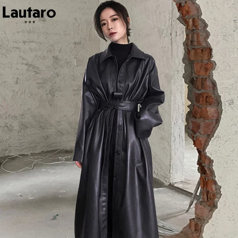 Lautaro Autunno Lungo Nero Freddo Trench In Pelle PU per Le Donne Cintura Monopetto Allentato Coreano di Modo Vestiti All'ingrosso 2022