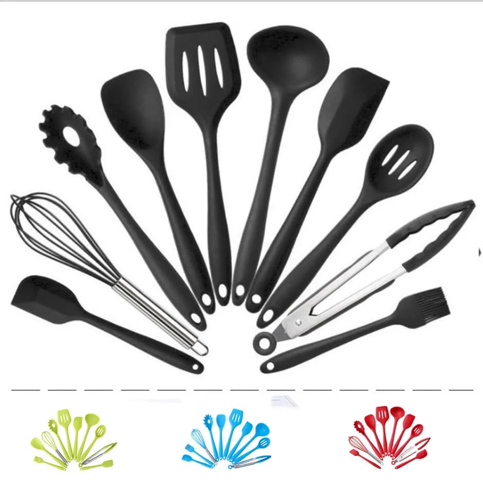 10pcs utensili da cucina antiaderenti in Silicone Set di utensili 4 colori utensili da cucina pentole spazzola da cucina pala per friggere scatola per rompere le uova