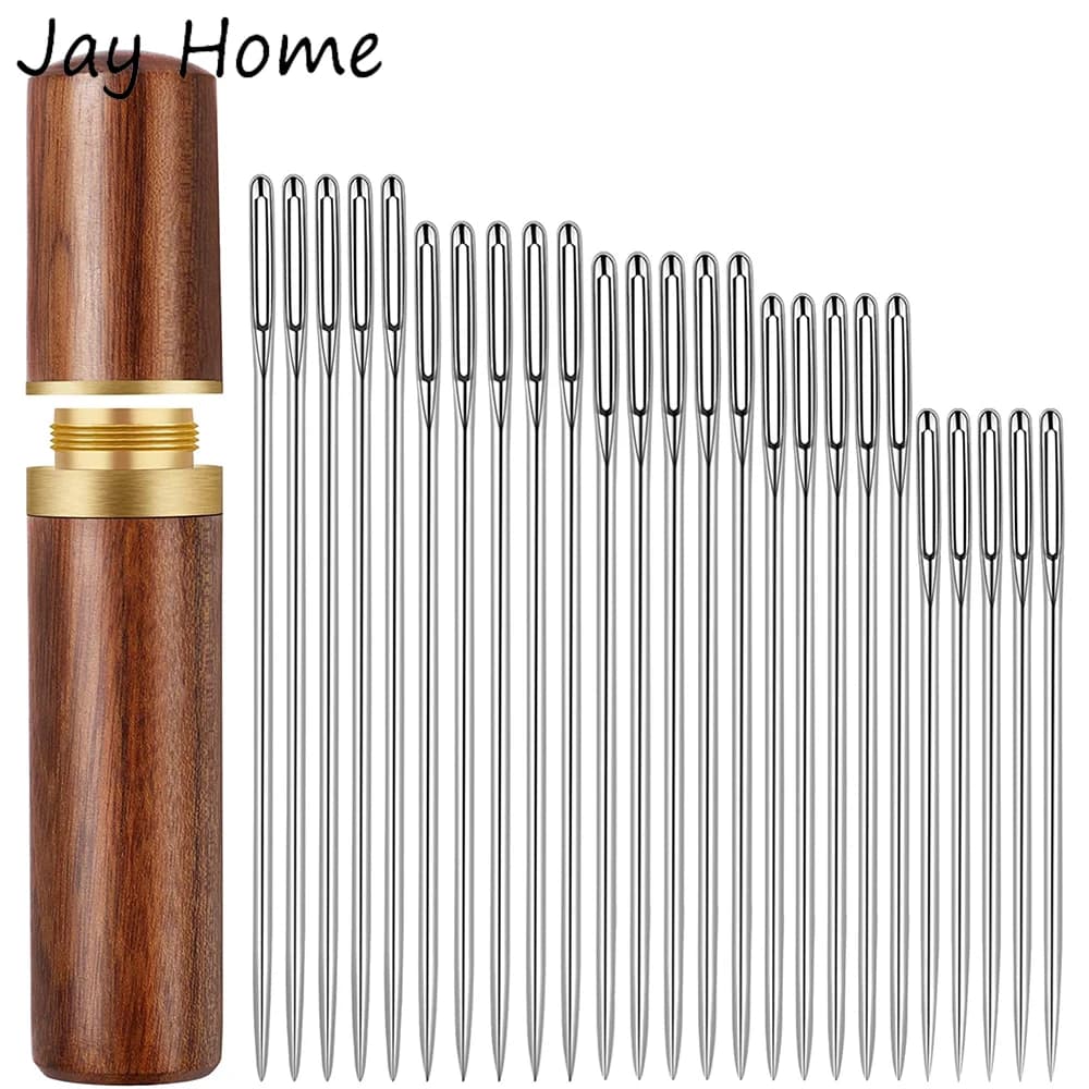 25PCS aghi per cucire grandi occhi 5 dimensioni aghi per cucire a mano in acciaio inossidabile ago per ricamo affilato con custodia in legno
