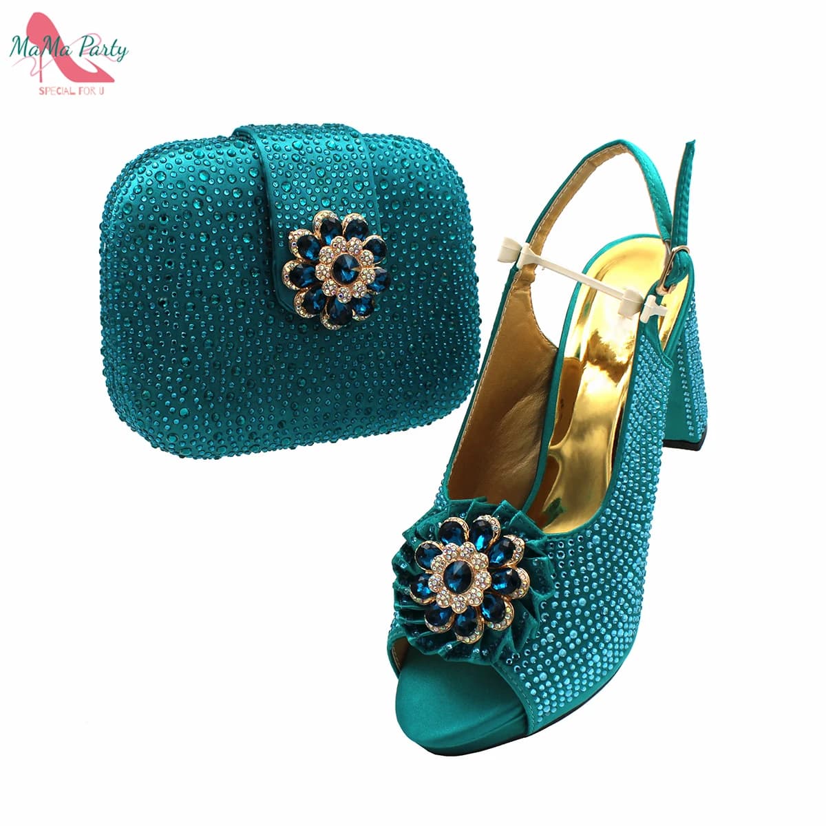 Scarpe e borsa da donna matura africana da abbinare in tacchi comodi Color verde acqua con piattaforma per la festa in giardino