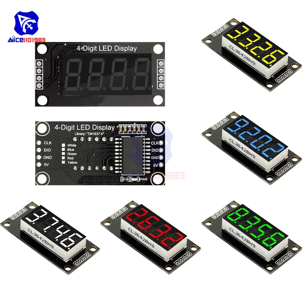 TM1637 Display a tubo digitale LED da 0,36" a 4 bit 7 segmenti Rosso Verde Blu Giallo Bianco Scheda modulo LED con pin per Arduino