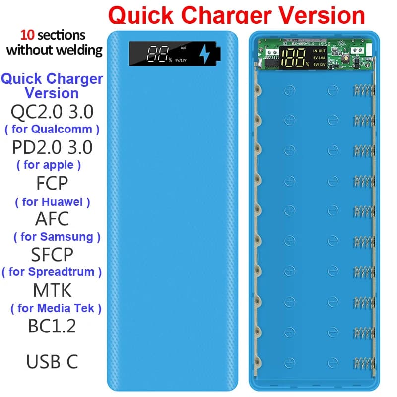 Free Welding 10*18650 Battery Storage Box 2 USB Power Bank Case 5/12V FAI DA TE Shell 18650 Battery Holder PD QC 3.0 Quick Charging