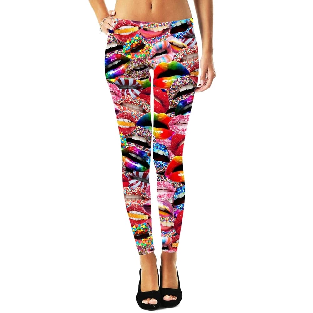 Leggings da donna Moda Stampa digitale 3D Leggings labbra/pannucce caramelle Leggings skinny femminili elastici sexy Harajuku DDK4