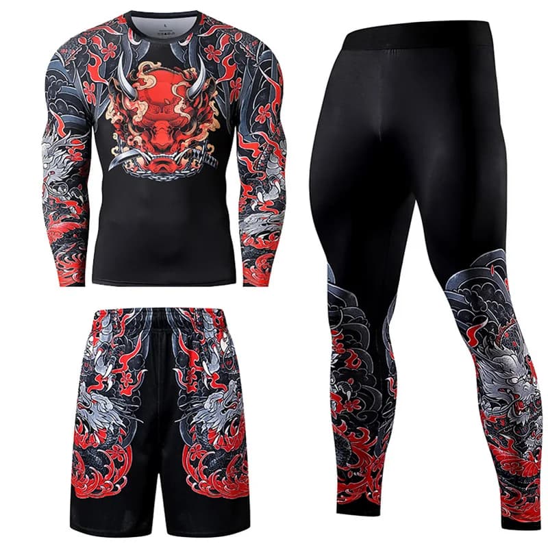 2/3PCS Uomini Jiu jitsu Tuta Compressione Set Abbigliamento sportivo Abbigliamento da palestra Fitness Manica lunga Rashguard Vita Leggings Tute sportive