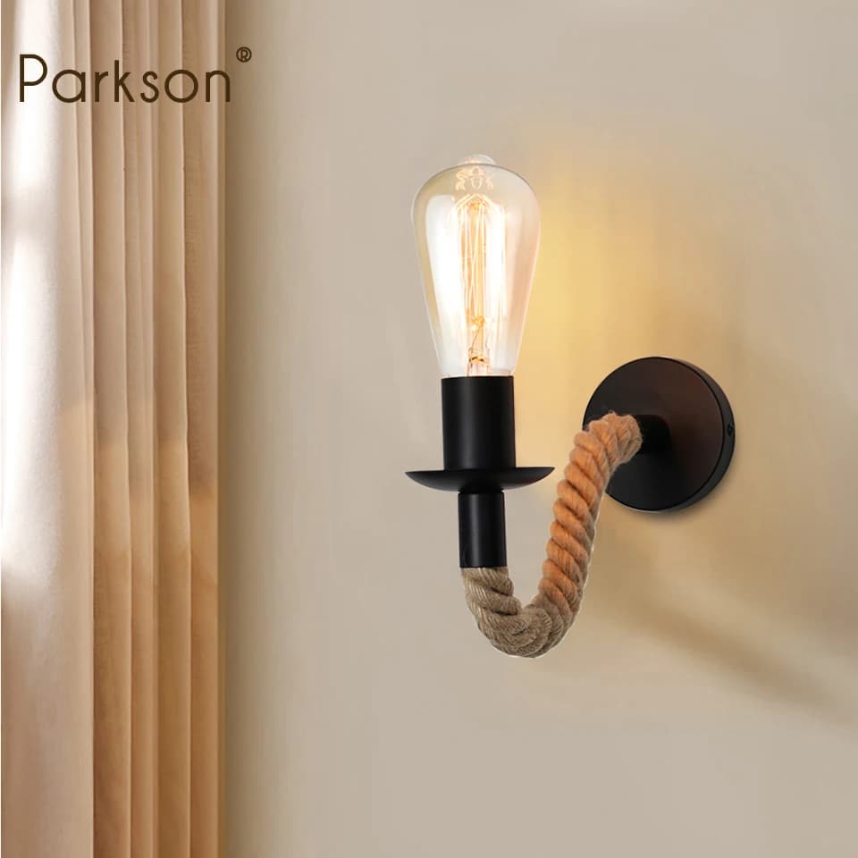 Lampada da parete in legno vintage Lampada da parete retrò in corda di canapa E27 220V 110V Lampada da parete per interni Scala Corridoio Illuminazione per interni ed esterni