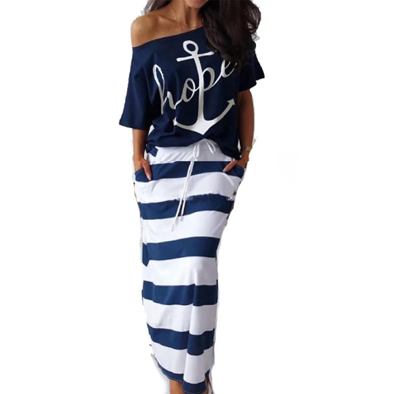 Estate Plus Size Elegante Vacanza Tempo libero Set di abiti a due pezzi T-shirt da donna con stampa di ancoraggio in barca e set di maxi gonne a righe BLU