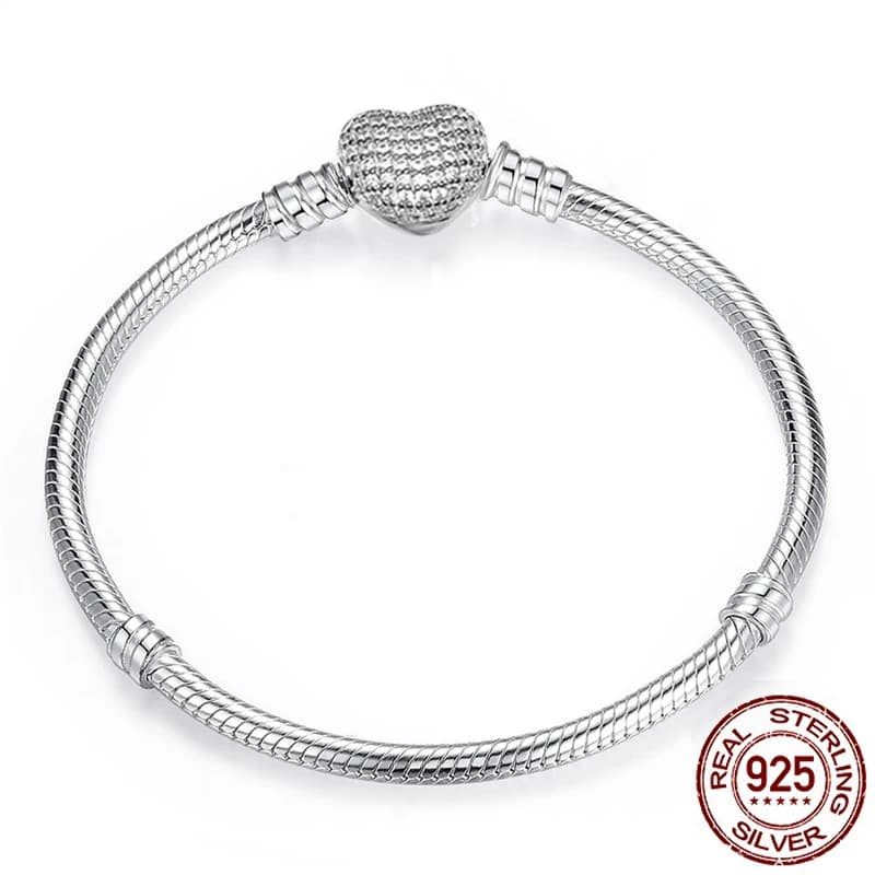 Grande Vendita Originale 925 Sterling Argento Della Catena Del Serpente Del Braccialetto Del Braccialetto Sicuro Catenaccio Del Cuore Perline Braccialetti Con Ciondoli Per le donne GIOIELLI Fai Da Te