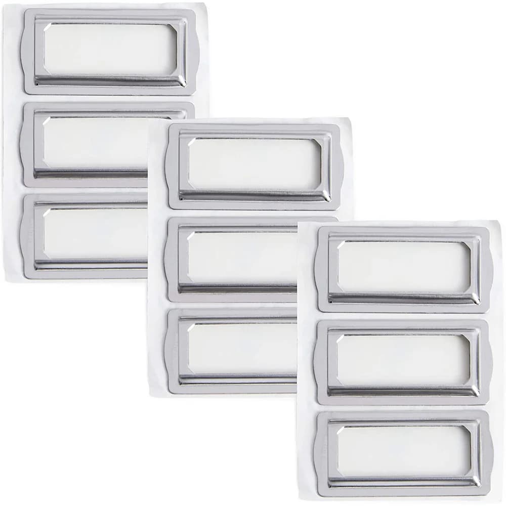 9 Pezzi Etichette Metalliche Autoadesive per Libri, Porta Etichette Orizzontali con Clip, Targhette Metalliche per Cassetti, Targhetta Argentata per Ufficio