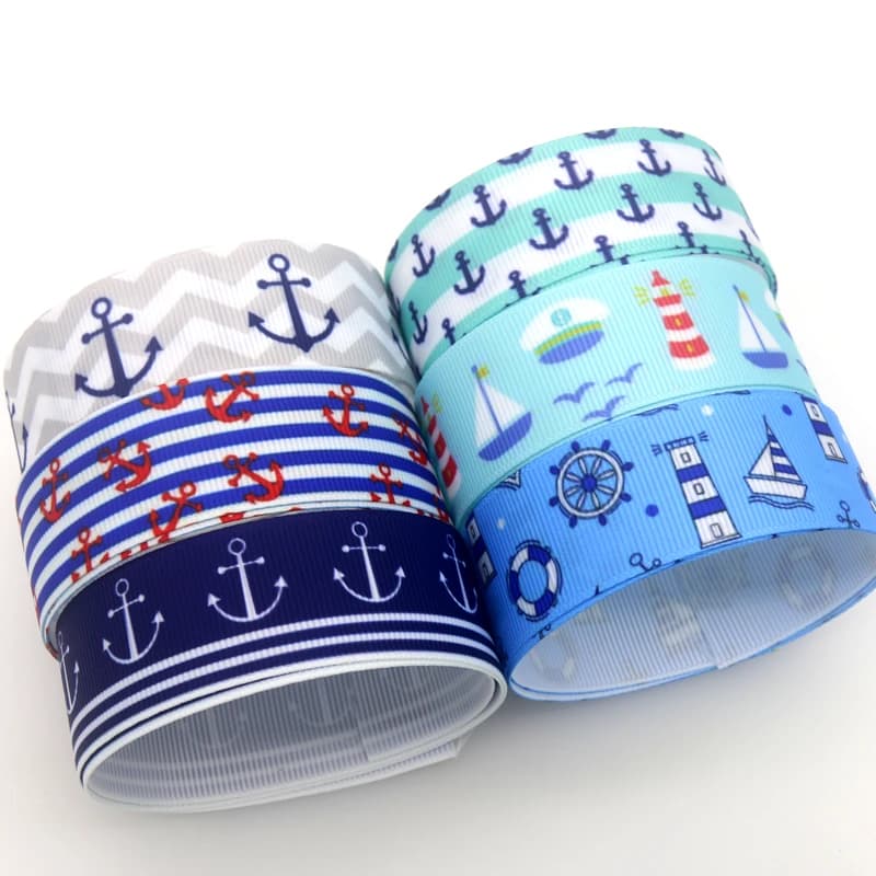 DHK 50yards Navy Anchor Sea Boat Printed Grosgrain Ribbon Accessory Hairbow Headwear Decoration DIY Wholesale Craft S1657