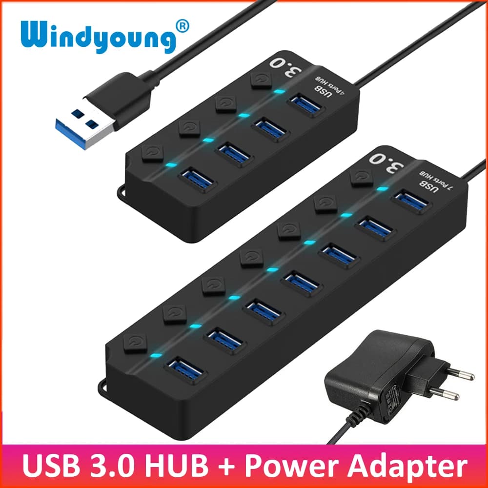 Hub USB 3.0 Hub dati USB 3 Super Speed a 4 / 7 porte con interruttori di alimentazione individuali e adattatore di alimentazione ue/usa/regno unito per PC portatile MacBook