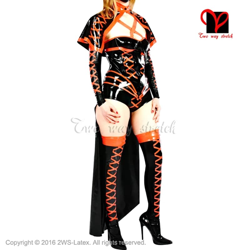 Lattice corsetto di gomma Cape pantaloni vestito Crop Top Gummi guanti Ninja con ferretto busto coppe Catsuit tutina scialle giacca Tz-010