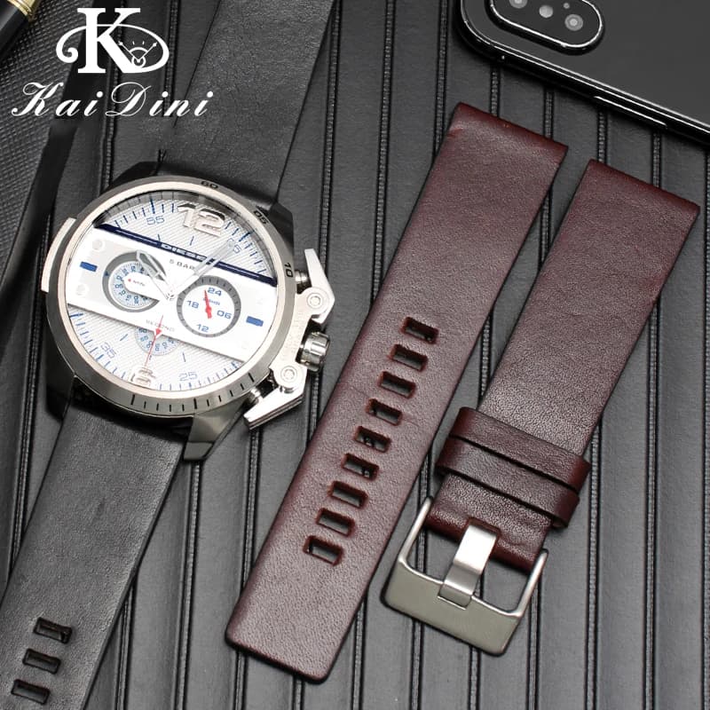 22mm 24mm 26mm 28mm 30mm 32mm Leather Strap Watchband Watch Bracelet For DZ4346 DZ4357 Cowhide Men's Watch Accessories Black