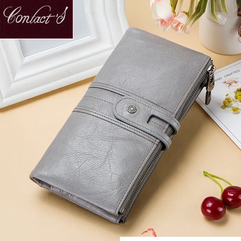 Portafogli da donna 100% borsa da donna in vera pelle porta carte Rfid grigio tasca portamonete pochette borsa per telefono Carteira Feminina Portfel