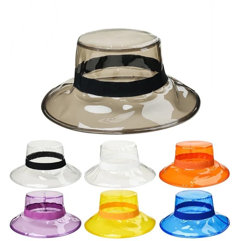 New Solid Leopard Transparent Women Buckets Hats Berretti PVC Beach Sun visor Waterproof Plastic Rain Hat Larga Caps Gorras