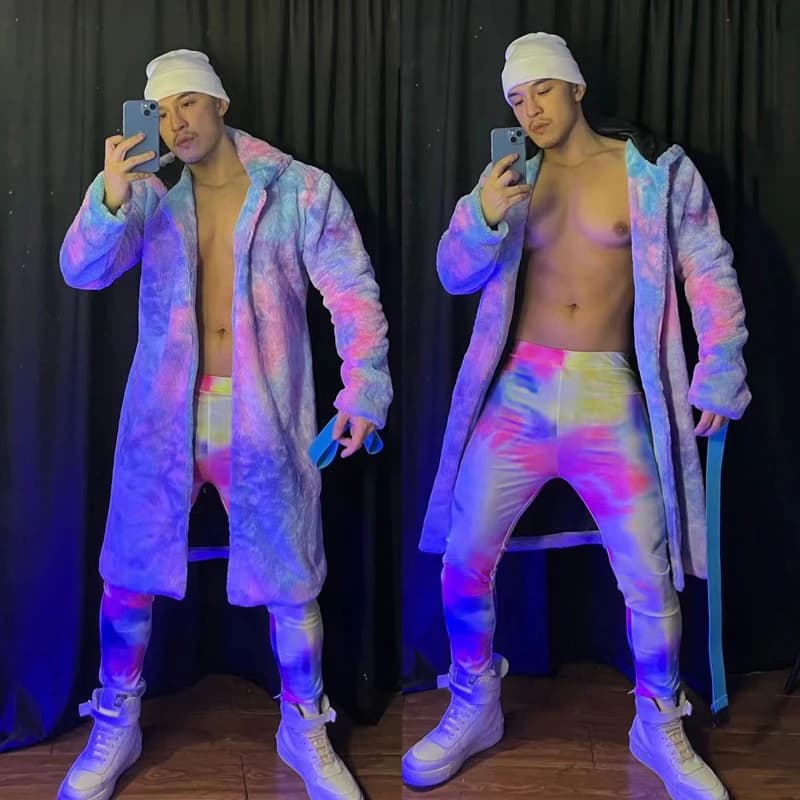 Cappotto lungo in pelliccia tie-dye Leggings Uomo Festival Rave Outfit Maschio Gogo Costume Burning Man Discoteca Dj Ds Rave Abbigliamento XS3148