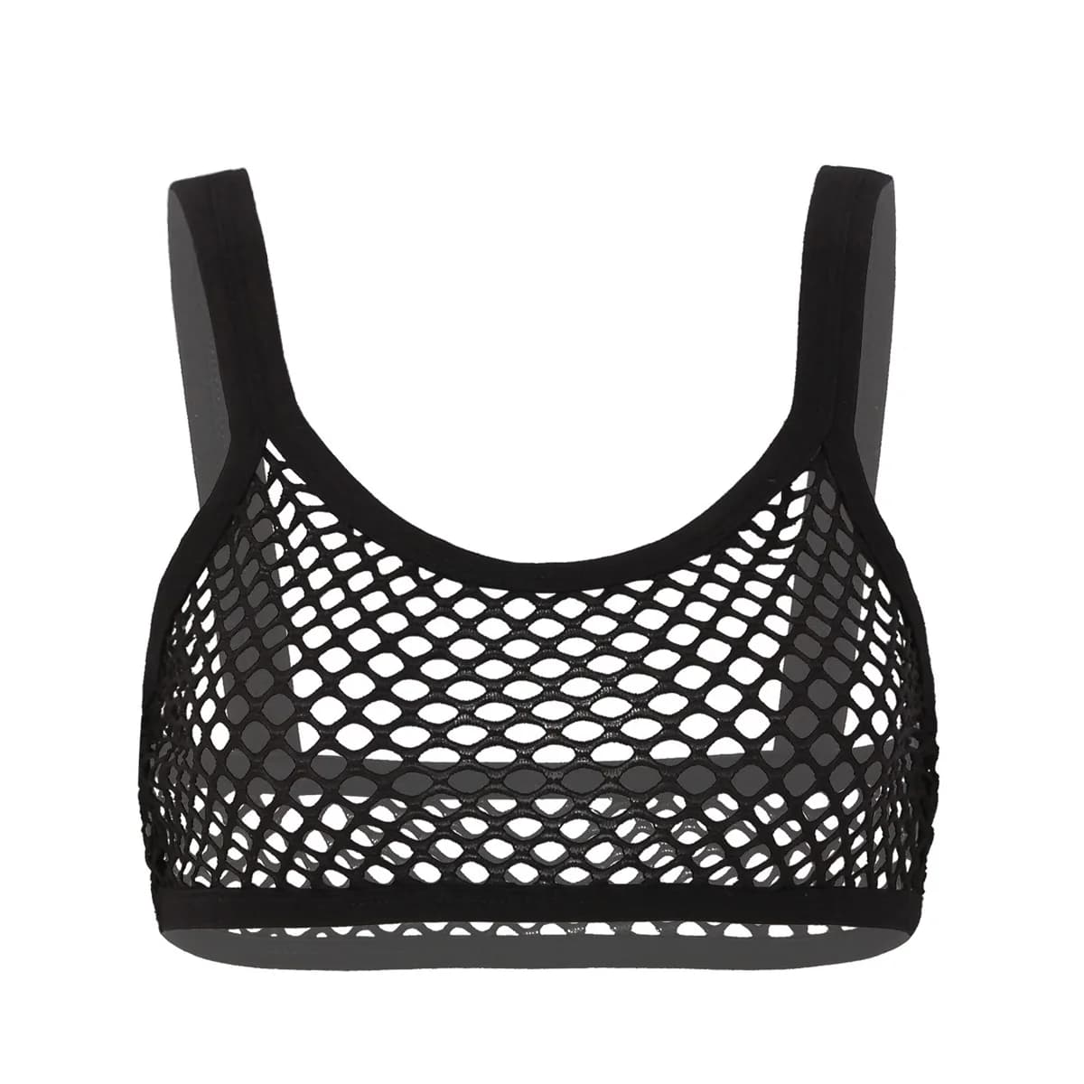 Womens Erotic Lingerie Sexy See Through Fishnet Camisole Spaghetti Shoulder Straps Crop Top Solid Color U Neckline Tank Vest Top
