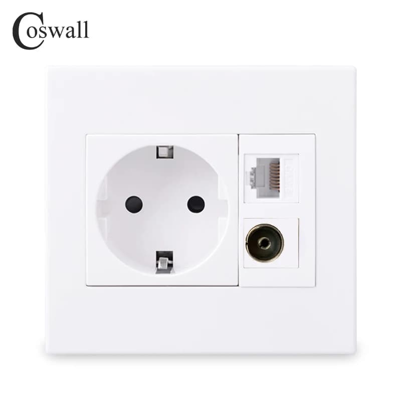 Coswall PC Panel 16A presa di corrente a muro ue con messa a terra con connettore TV femmina + 8 Core CAT6 RJ45 presa dati per Computer Internet