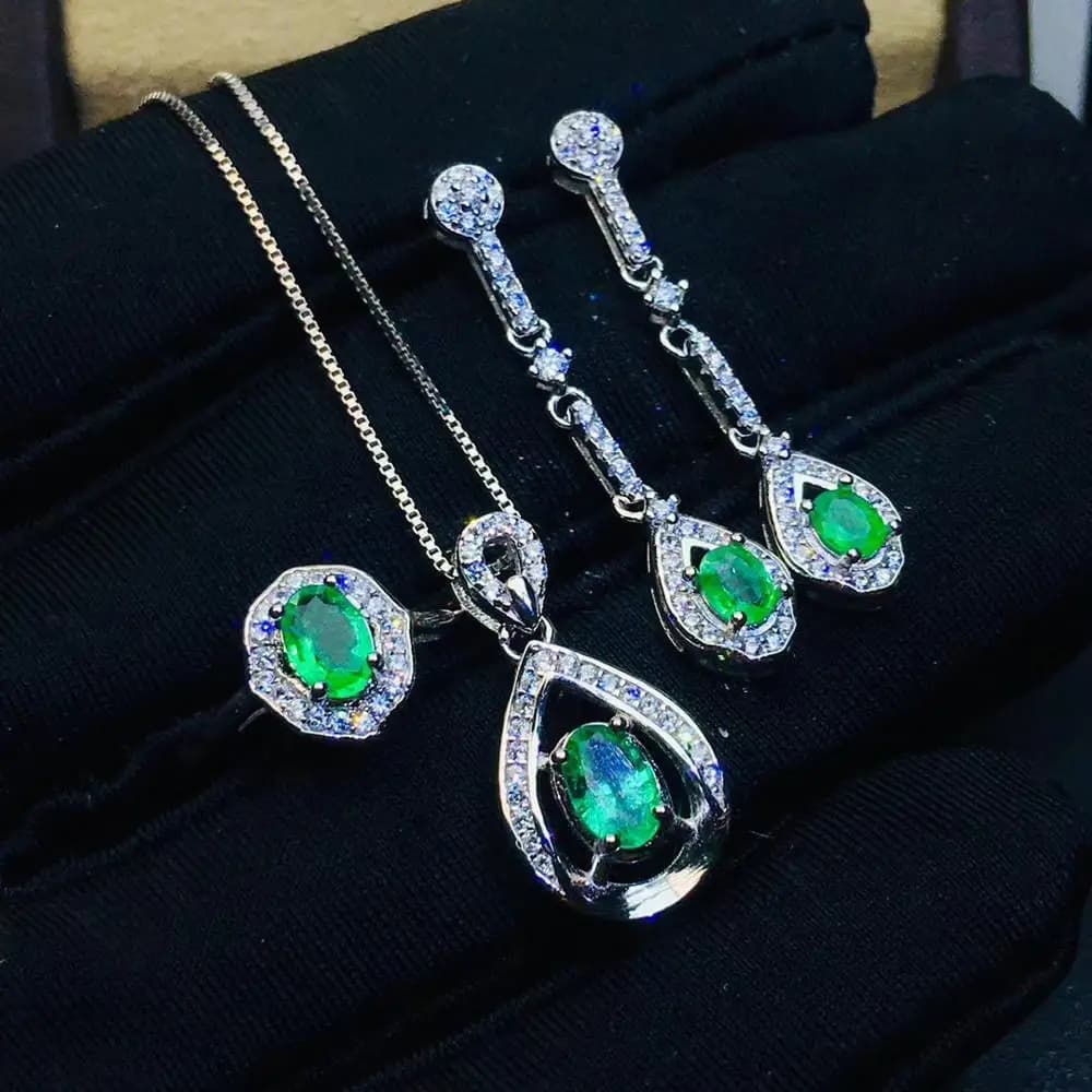 KJJEAXCMY-925 Orecchini ad anello con pendente in smeraldo naturale intarsiato in argento sterling, abito da donna nobile, rilevamento del supporto