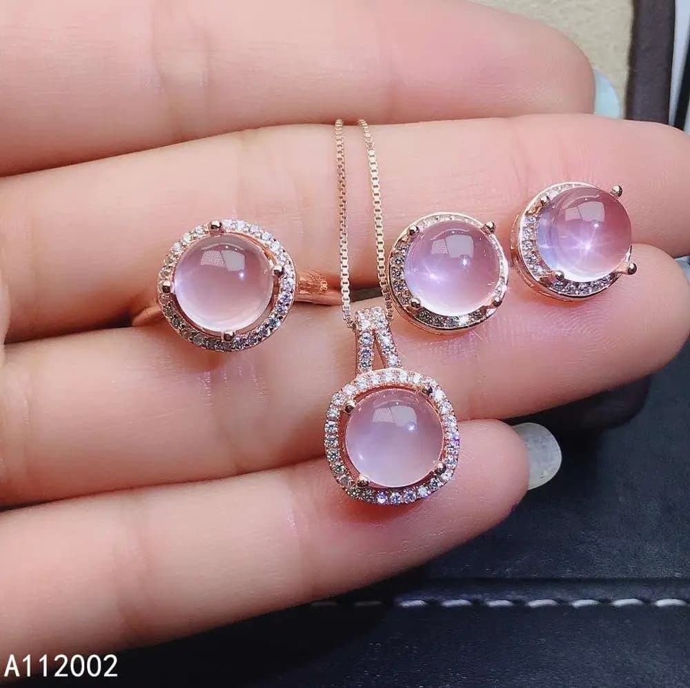 KJJEAXCMY gioielleria raffinata quarzo rosa naturale argento sterling 925 collana pendente da donna anello orecchini set test di supporto squisito