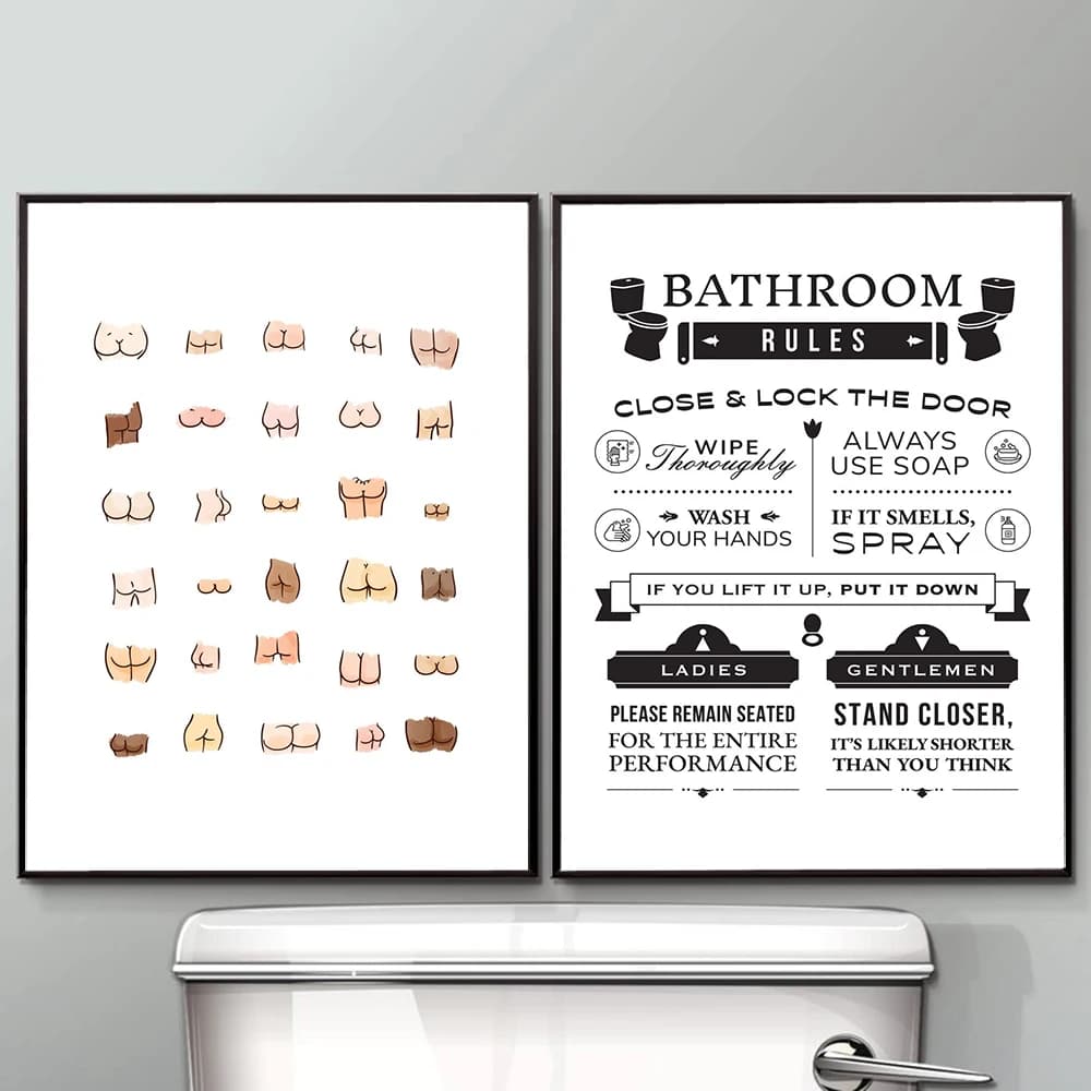 Bulldog francese in toilette Poster Divertenti regole del bagno Segno Nordic Butt Chart Stampe Toilette Umorismo Immagini Bagno Decorazioni per la casa