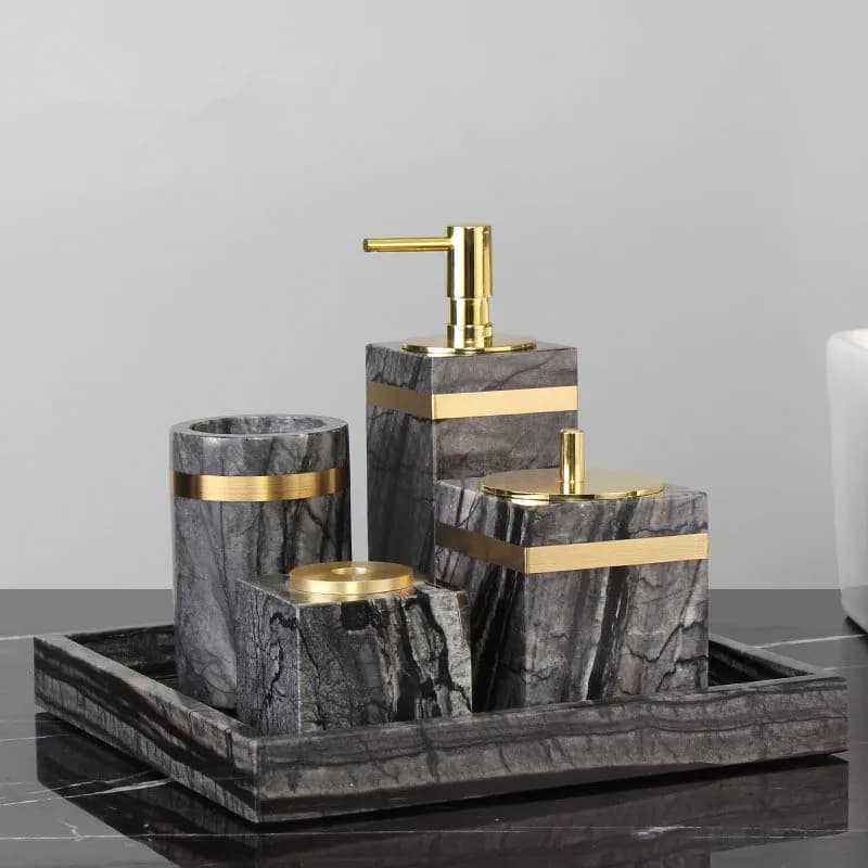 Tuqiu Set di accessori per il bagno Dispenser di sapone in marmo dorato Porta spazzolino da denti Scatola per bastoncini di cotone Set di accessori per il bagno di lusso