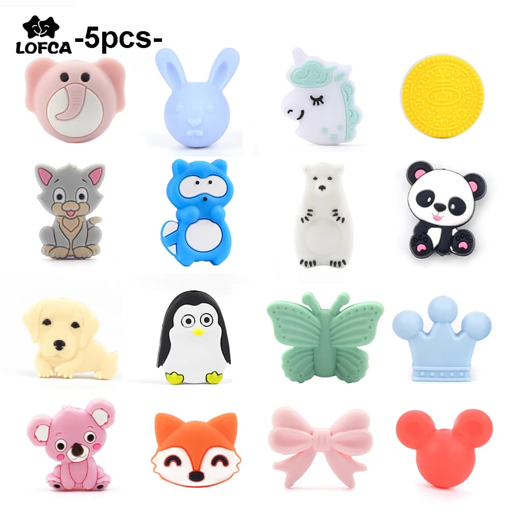 LOFCA 5pc Silicone Perline Animali Panda Food Grade Giocattolo FAI DA TE Koala Perline Dentizione Del Bambino BPA Libero Ciuccio Catena Accessori