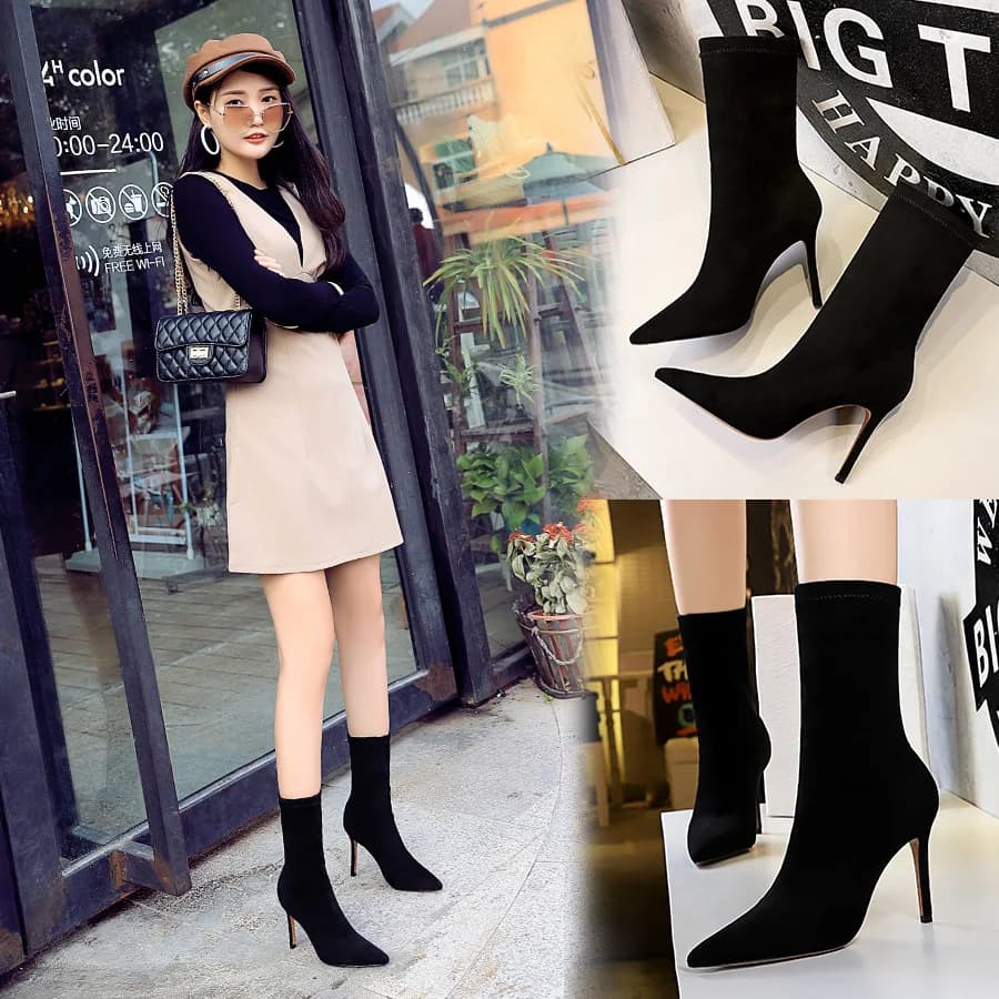 BIGTREE Nuovi Stivali Invernali alla Moda con Tacco a Spillo Alto da Donna, Stivaletti Sexy a Punta con Calzino, Scarpe con Tacco a Stiletto, Taglie Forti 43