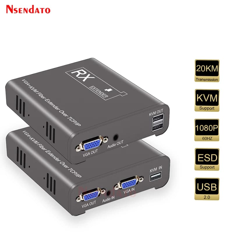 Extender KVM VGA da 20 km su fibra ottica, trasmettitore e ricevitore video wireless VGA, switch USB 2.0 KVM per la condivisione di tastiera e mouse per PS4