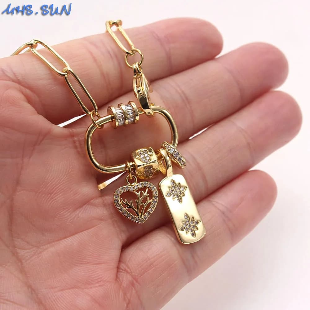 MHS.SUN Collana con ciondolo a forma di cuore con zirconi con chiusura a vite da donna dal design unico, collane a catena con graffette color oro, regalo per feste di gioielli