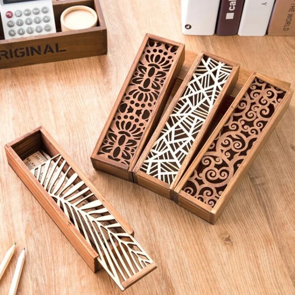 Scatola retrò portatile Scatola portaoggetti per astucci in legno cavo Studenti Scatola per matite in legno carina Accessori per riporre oggetti da scrivania multi cancelleria