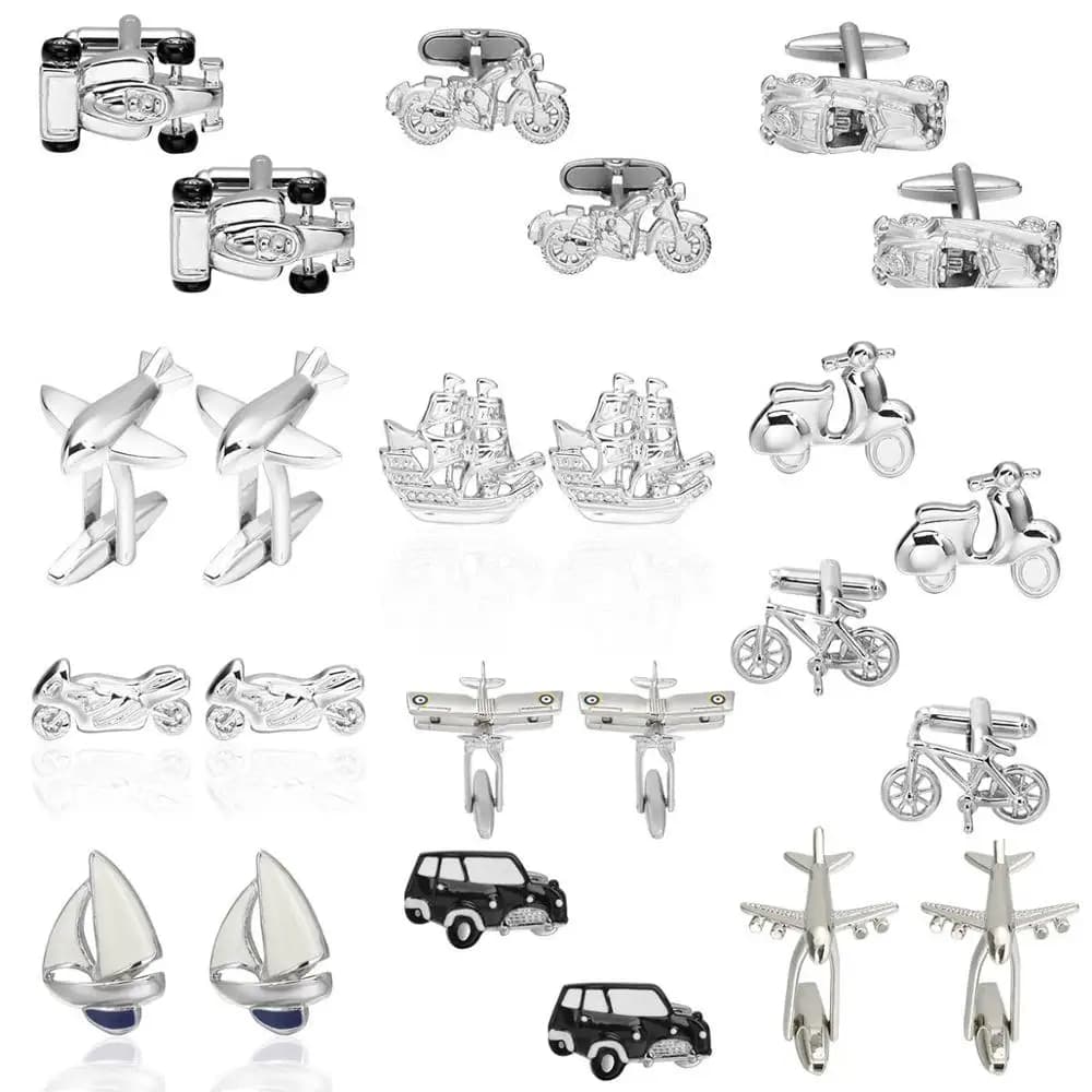 Gemelli da uomo con design a forma di aereo/auto/moto/autobus/barca/motore, gemelli da camicia di marca per uomo