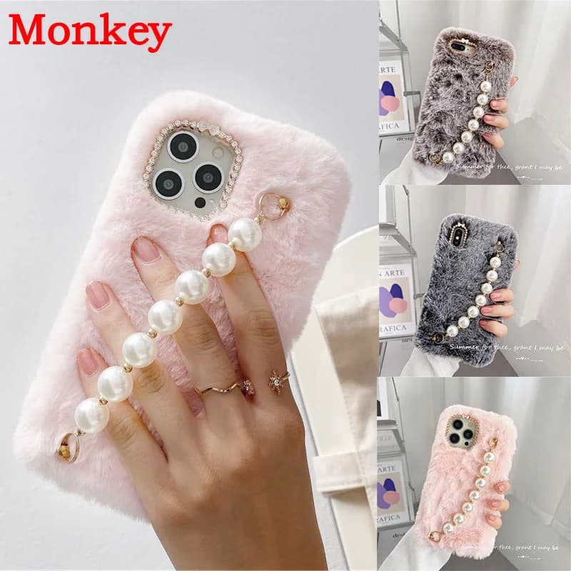 3D Plush Fur Pearl Wrist Strap Phone Case For Huawei P50 P40 P30 P20 Lite Mate 20 10 Pro P smart 2019 Y9S Nova 3I 5T Y5P Y6P Y8P